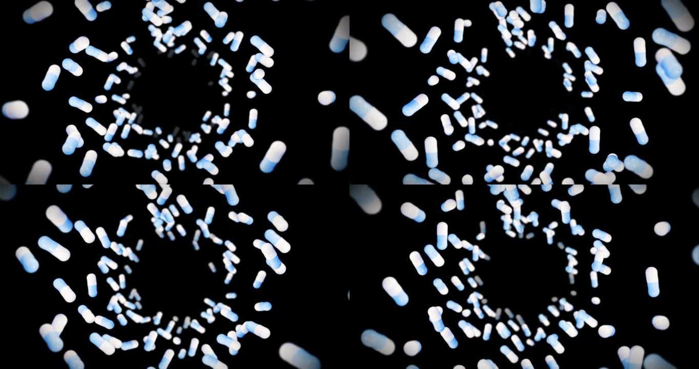 在黑色背景上飞行许多医用胶囊。医学和制药概念。蓝色药丸胶囊旋转的3D动画。循环动画。