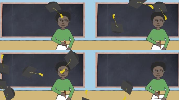 毕业帽子在黑板上飞舞的动画和蓝色背景上的男生写作