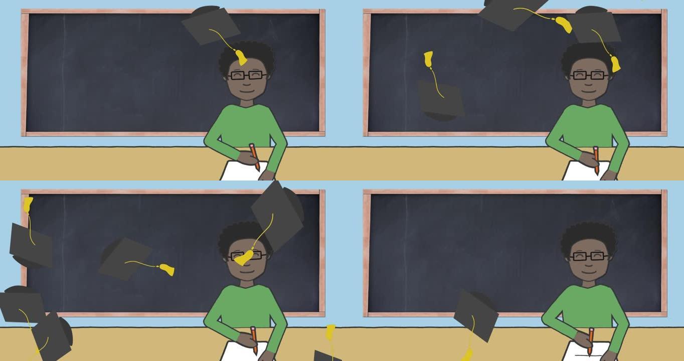 毕业帽子在黑板上飞舞的动画和蓝色背景上的男生写作