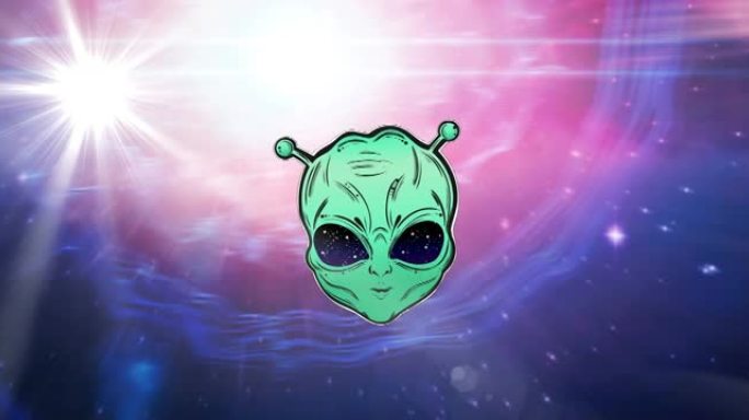 宇宙中发光的白色斑点上的绿色外星人和粉红色和紫色光迹上的星星的动画