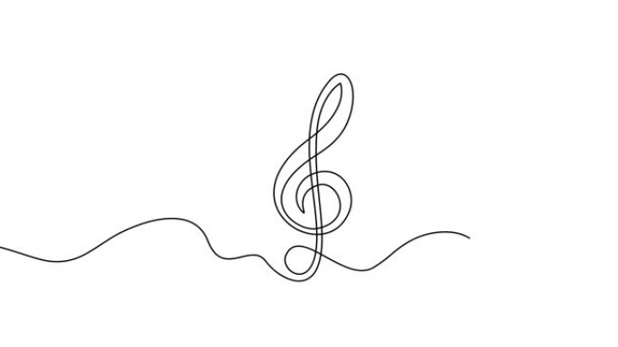 自画高音谱号。高音谱号单连续单线绘制的简单动画。白色背景上的素描动画黑线。音乐笔记。4k视频运动图形