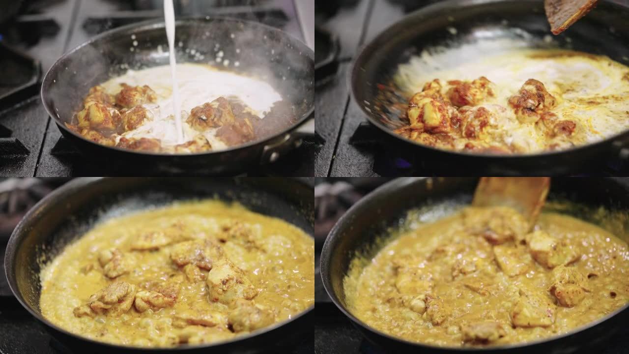 厨师将椰奶倒入锅中，制成泰国panang咖喱。
