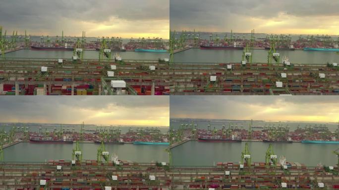 日落天空著名的新加坡城市集装箱港口海湾码头航空全景4k