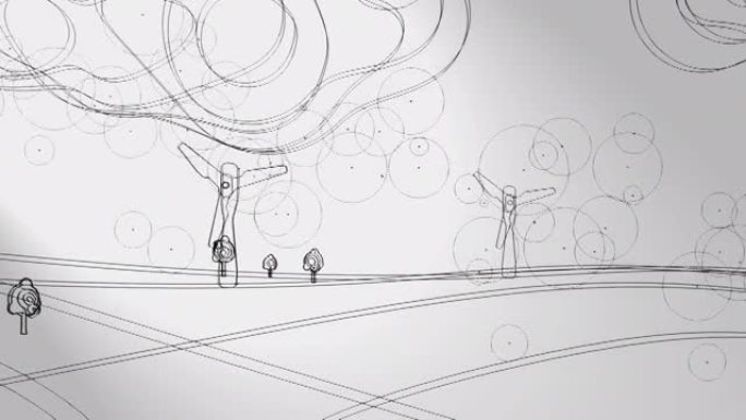 3d动画，许多自然景观上的风力涡轮机，灰色背景上的云 (线条艺术)