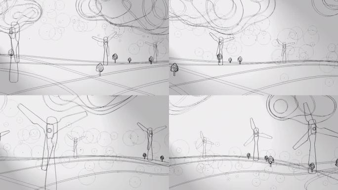 3d动画，许多自然景观上的风力涡轮机，灰色背景上的云 (线条艺术)