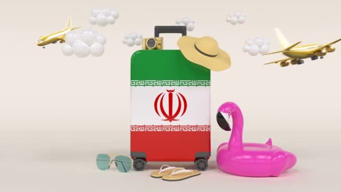 带伊朗国旗手提箱的3D循环假日概念