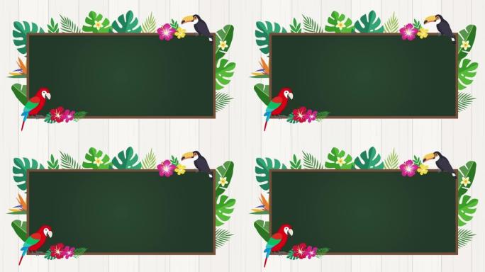 热带背景和两只鸟，aizuchi，nod。黑板背景材料在中间