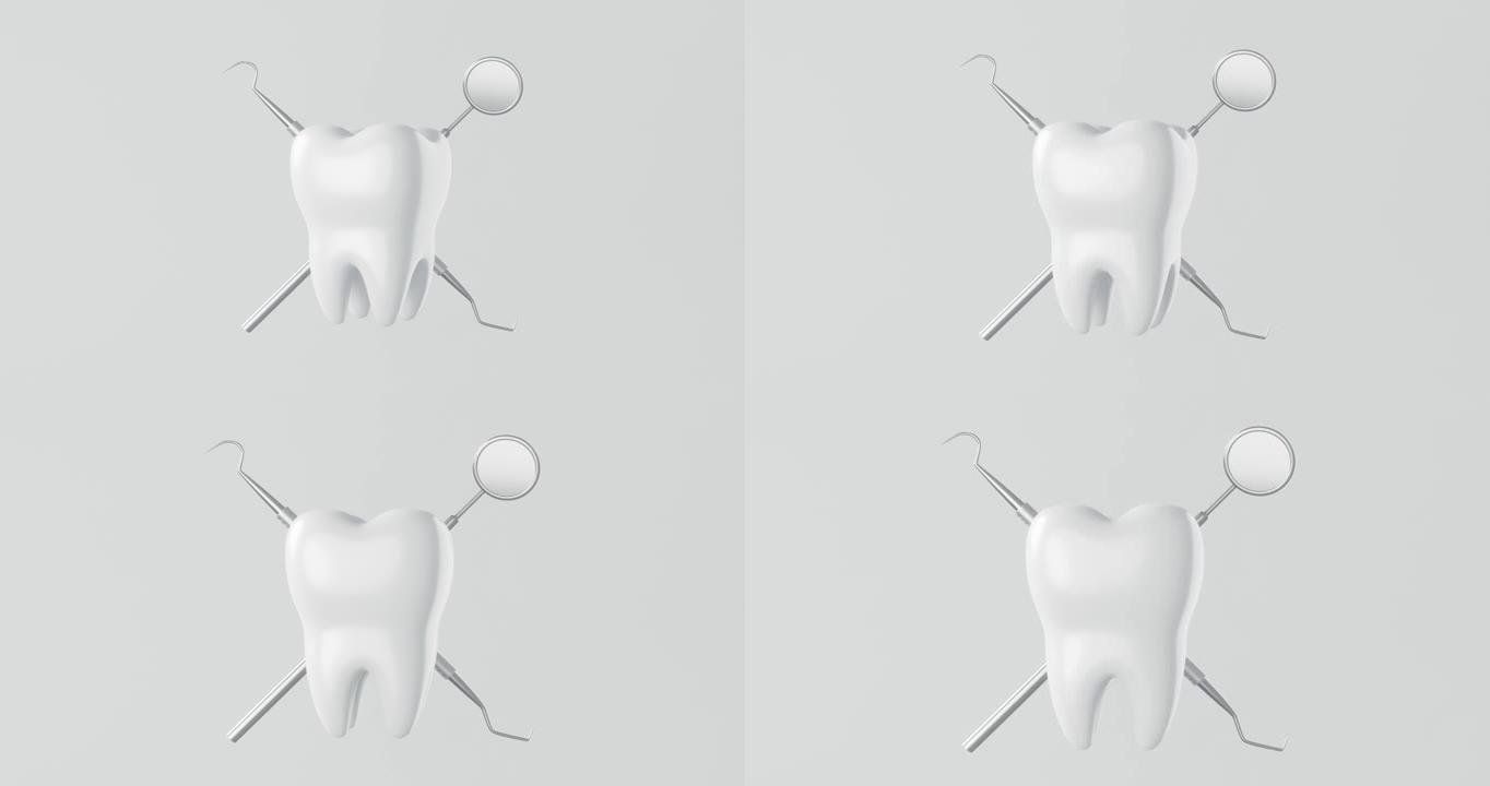 牙科设备和牙科诊所的白色牙齿背景牙科清洁工具。3D渲染。