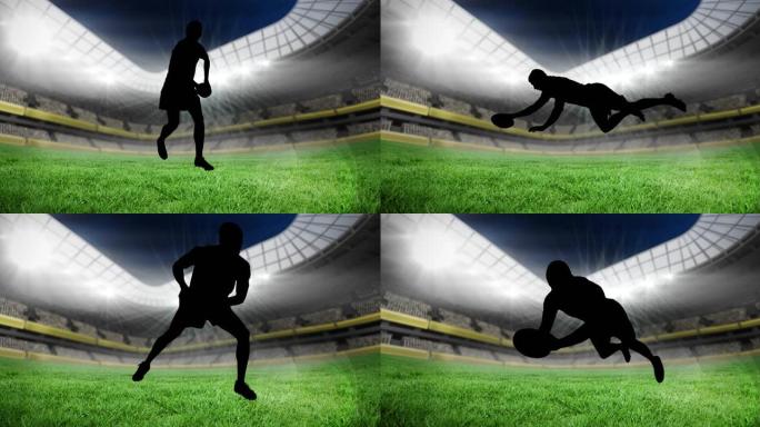 橄榄球运动员在体育馆空荡荡的看台上踢球的轮廓动画