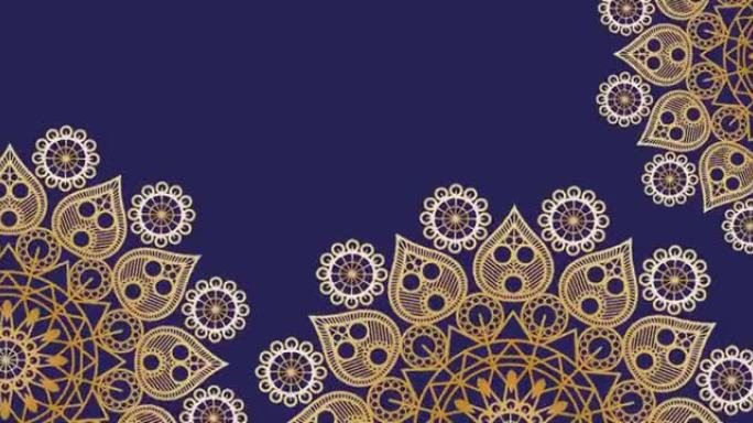深紫色背景下三个旋转金色东方装饰圈的动画