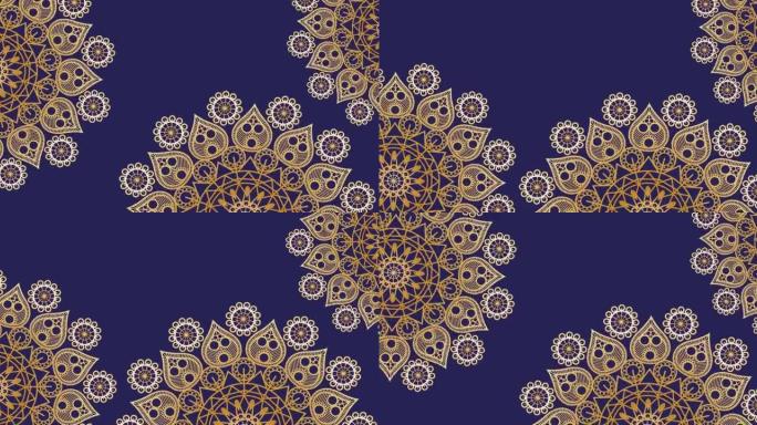 深紫色背景下三个旋转金色东方装饰圈的动画