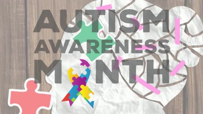 自闭症意识月动画在拼图上形成丝带和白人妇女的头