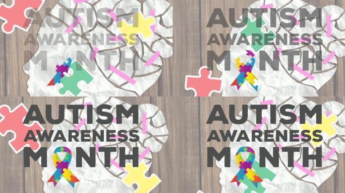 自闭症意识月动画在拼图上形成丝带和白人妇女的头