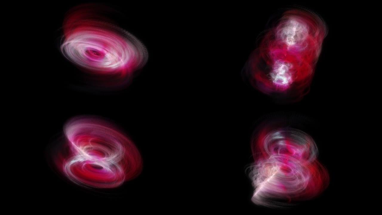 抽象3d亮光粉色白色神秘无形状物体漂浮波。在黑色背景上渲染非晶形状旋转的螺旋元素的逼真动画。4K 3