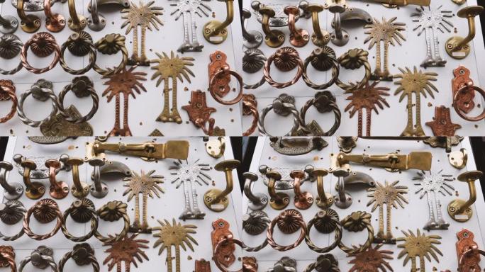 正宗装饰手工摩洛哥铜黄铜门把手和钥匙扣。