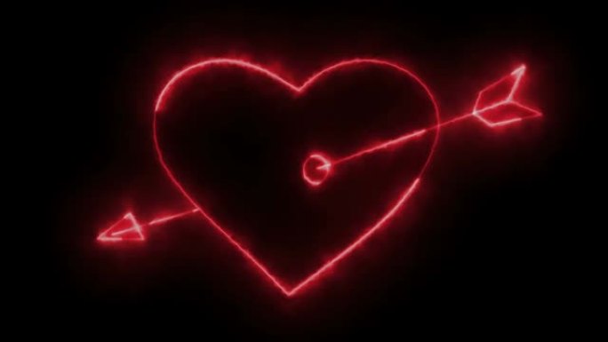 丘比特箭头刺穿的心脏轮廓的动态发光对黑色背景的影响