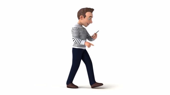 有趣的3D卡通男人用智能手机行走