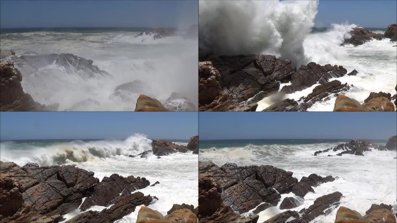 极端的波浪压碎海岸，巨大的海洋美丽的波浪，巨大的波浪冲破危险的岩石