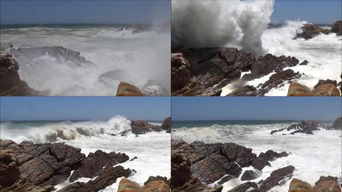 极端的波浪压碎海岸，巨大的海洋美丽的波浪，巨大的波浪冲破危险的岩石