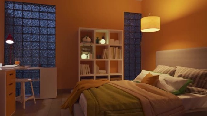 柔和照明的卧室，床旁有一个书架壁橱和一个书房