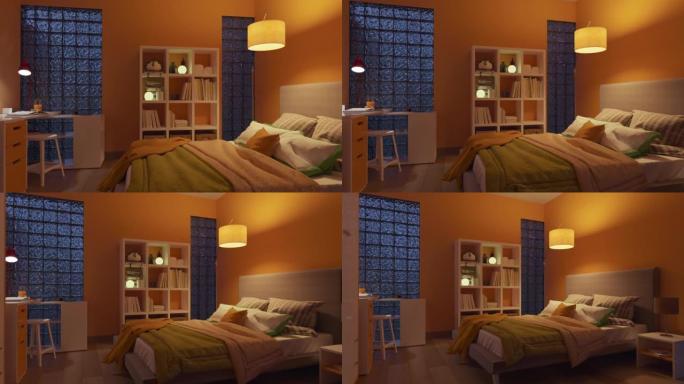 柔和照明的卧室，床旁有一个书架壁橱和一个书房