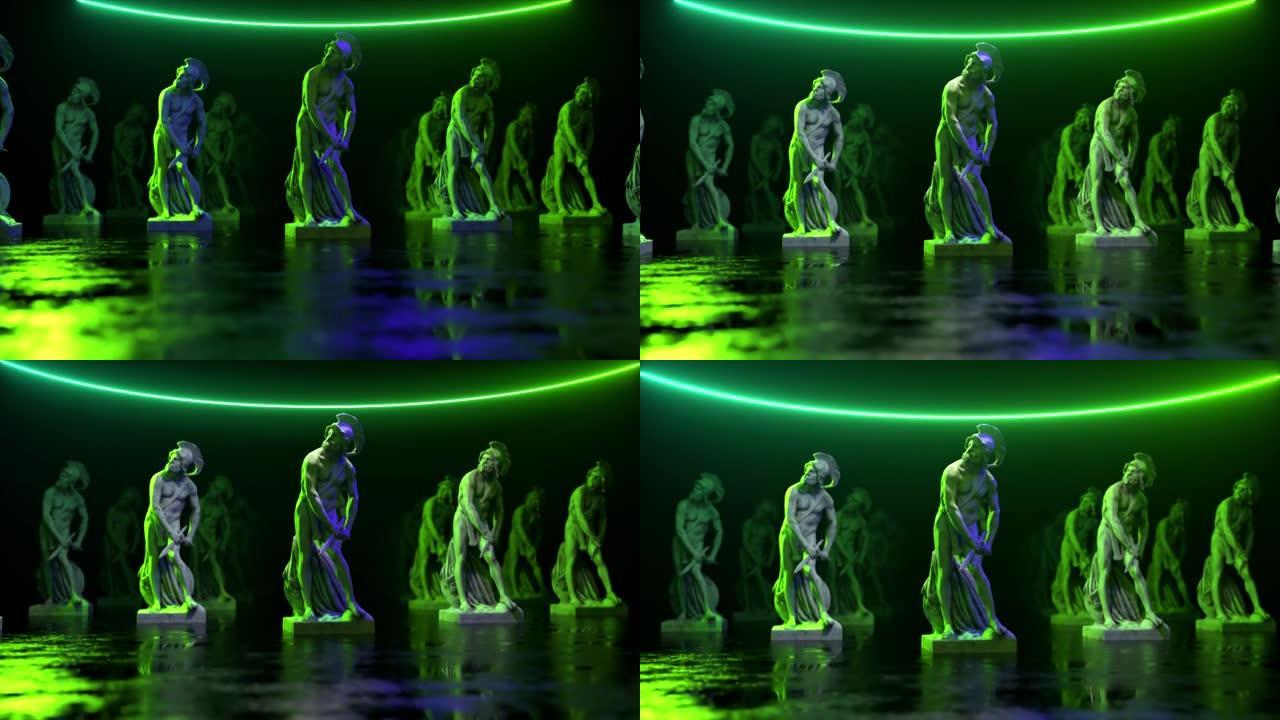 霓虹灯照亮的费城人雕塑。通过3D扫描获得的博物馆艺术品。复古的未来设计。3d动画