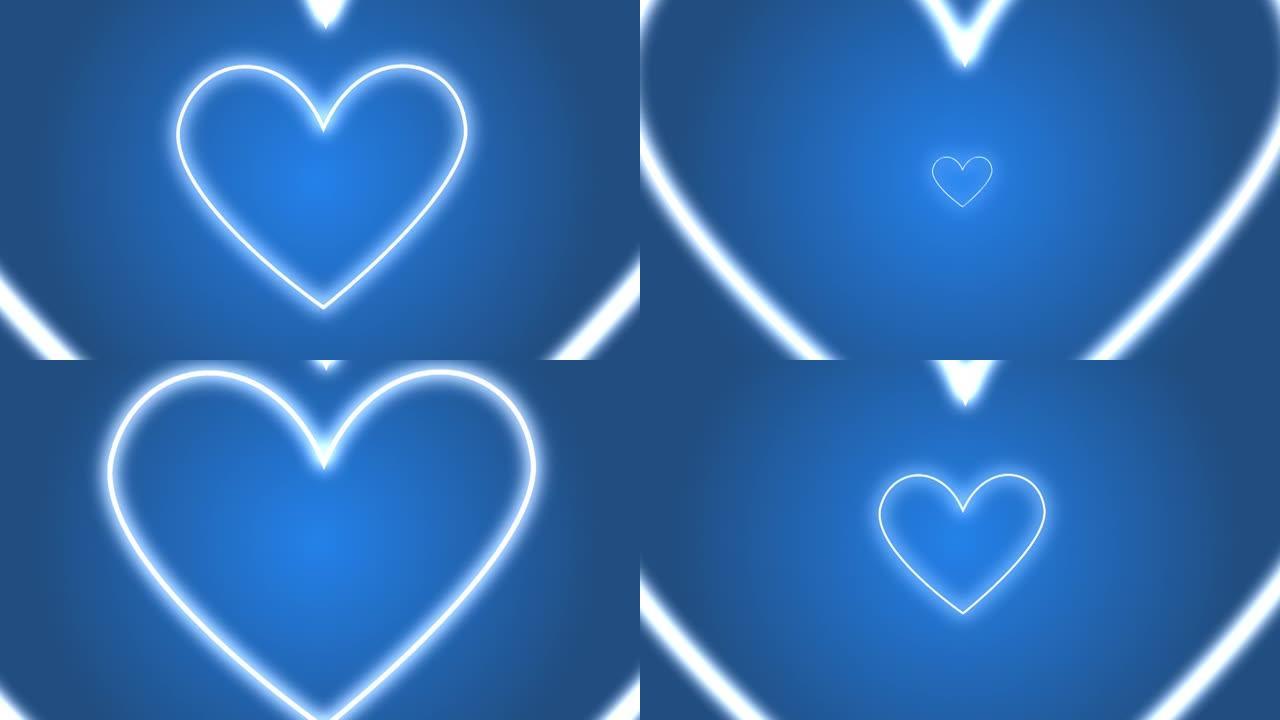 蓝色美丽的心形流动隧道快速无缝移动，抽象浪漫的未来背景，循环3d动画，圣诞节和情人节，爱情关系假期活