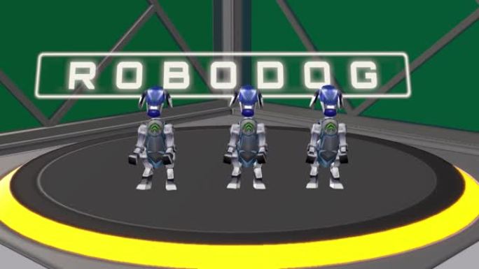 三只狗机器人在未来主义的讲台上跳舞，可循环
