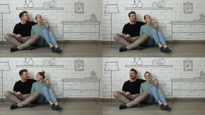 幸福的夫妇坐在新房子的地板上，规划新的家庭内部。家具草图