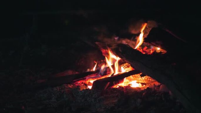露营区燃烧的木片产生的火焰，晚上的篝火