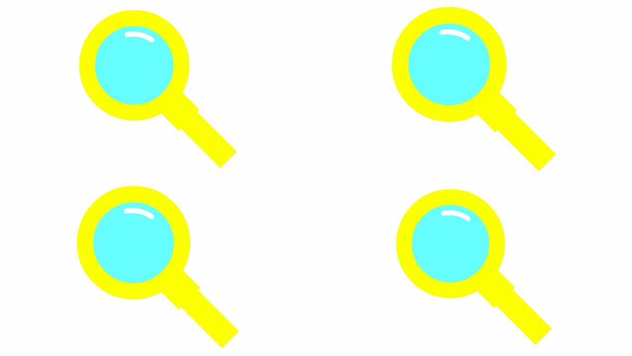 放大镜的动画黄色图标。符号放大镜。搜索、发现的概念。循环视频。矢量插图孤立在白色背景上。