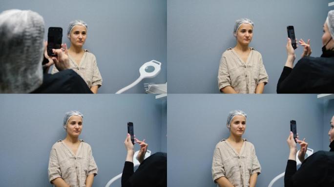 美容师医生在电话中拍摄了一名年轻女子的患者，并在注射透明质酸之前和之后拍照。