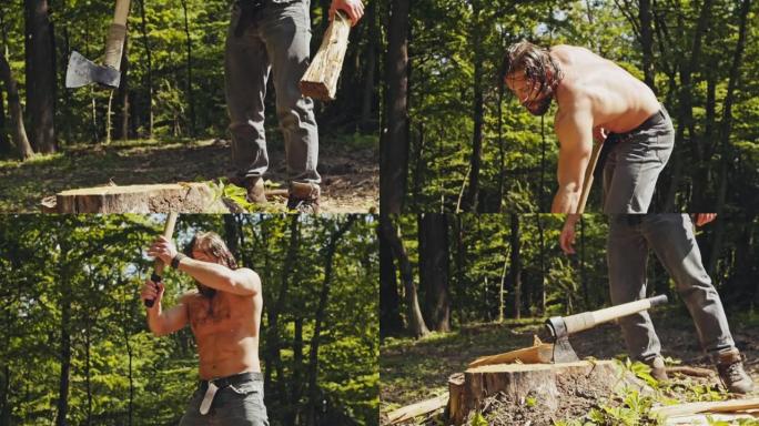 强壮的肌肉男人用斧头劈柴