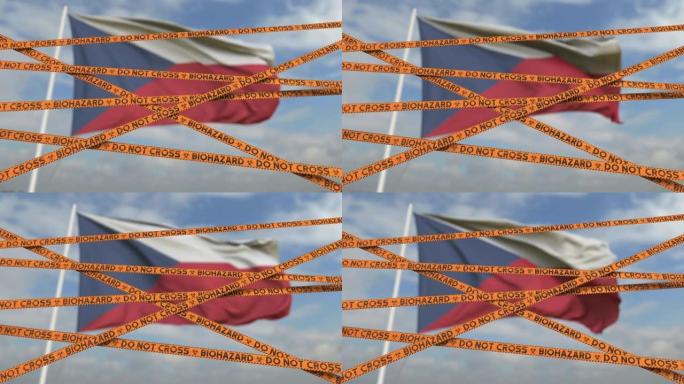 违反捷克国旗的生物危害限制胶带线。捷克共和国限制入境或检疫。概念循环3D动画