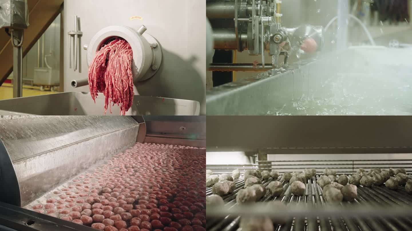 工厂机器生产牛肉丸全流程4k