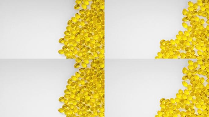 白色背景上的黄色透明药丸，剩余复制空间，停止运动视频。含维生素D3的药丸