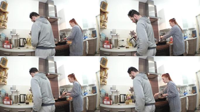 一个俄罗斯家庭的早晨，昏昏欲睡的丈夫做冻干咖啡，妻子准备早餐