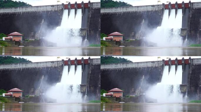水电大坝防洪闸门，水流通过闸门，并打开泰国那空nayok的springway Khun Dan Pr