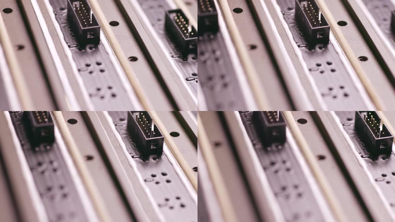 车间实验室连接器组件和大型绿色微电路的滑块拍摄