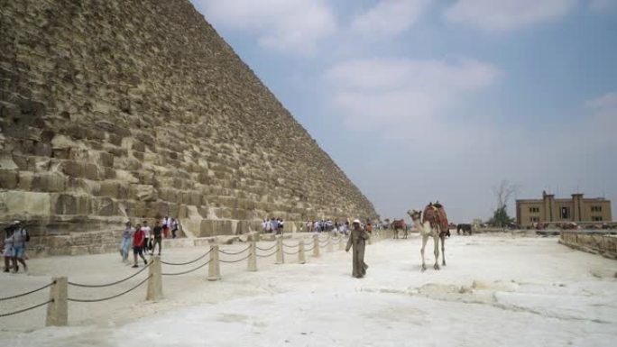 骆驼上的游牧者和游客参观埃及沙漠中的吉萨金字塔