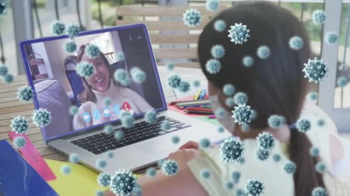 视频通话中使用笔记本电脑漂浮在女孩身上的covid 19细胞的动画