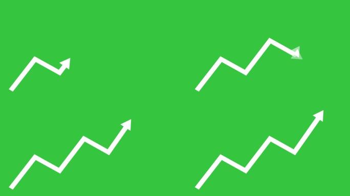 绿色屏幕上的箭头符号呈上升趋势。简单的2d动画说明看涨或增长模式。
