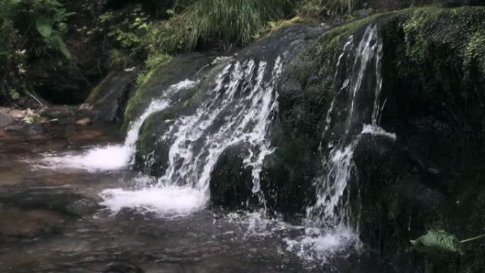 河流在岩石和苔藓中流动。河床分为多根线。瀑布形成泡沫和清澈的池塘。雨后森林春天