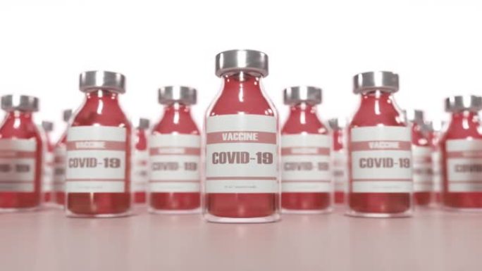 实验室桌子上的安瓿冠状病毒疫苗红色背景