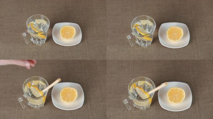 杯子里有健康的柠檬饮料。