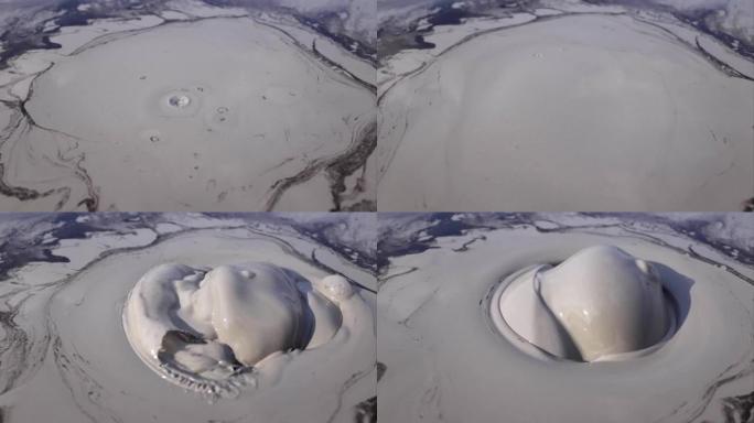 泥火山表面的气泡破裂，泥火山。