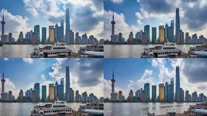 中国上海陆家嘴黄浦江观光船和地标建筑 (延时)
