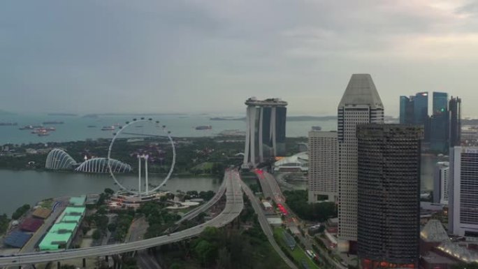 黄昏时间新加坡城市著名的市中心海湾传单交通海岸线道路空中全景4k