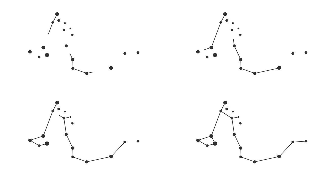天龙座。夜空中的星星。黑白线条艺术风格的星座。星系团。横向构图，4k视频质量