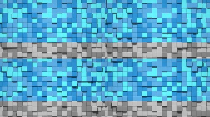 几何镶嵌波图案。用蓝色五彩街区、蓝天建造丘陵景观。像素背景。4k的3d动画循环
